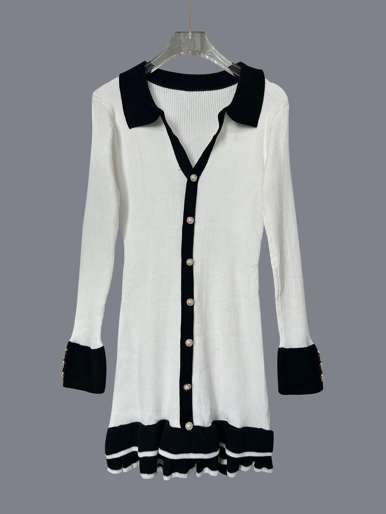 Elegant Knit Button-Down Cardigan Dress Womens Ruffle Hem Bodycon Mini Dress
